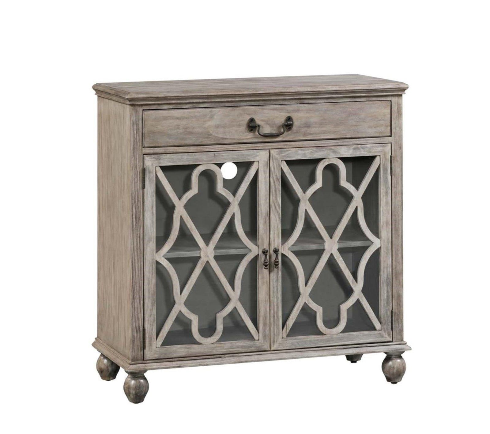 Wooden cabinet with decorative glass doors on a white background