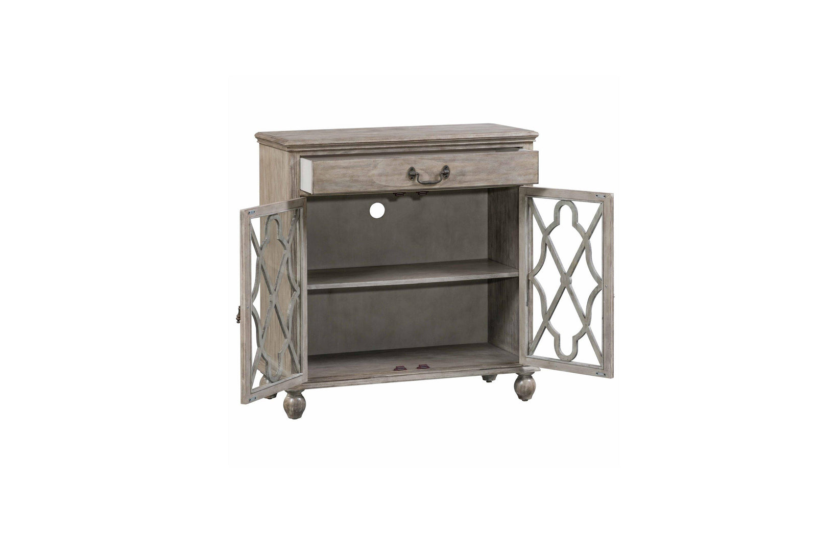 Wooden cabinet with decorative glass doors on a white background