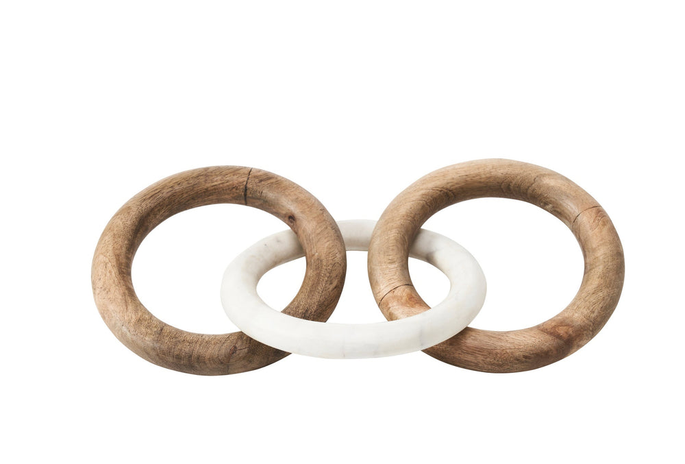 A pair of decorative curtain rods with a wooden and marble design, wrapped in white fabric.