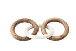 A pair of decorative curtain rods with a wooden and marble design, wrapped in white fabric.