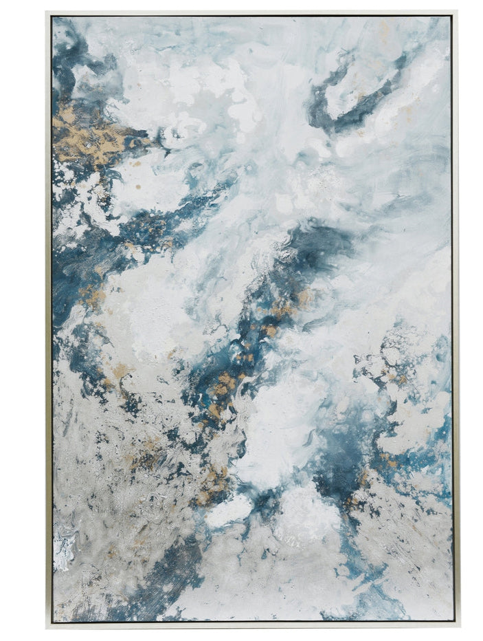 A framed abstract painting featuring shades of blue and gray with gold accents, displayed against a white background.