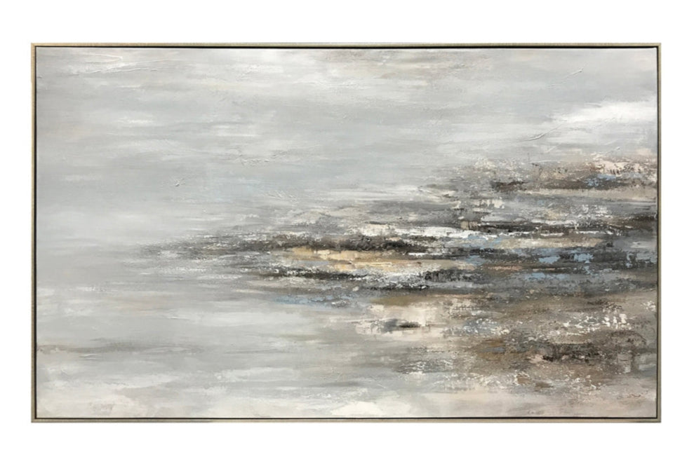 This image features a framed abstract wall art titled "Blue Lagoon." The artwork depicts a misty, serene landscape in muted tones, creating a tranquil and whimsical atmosphere.