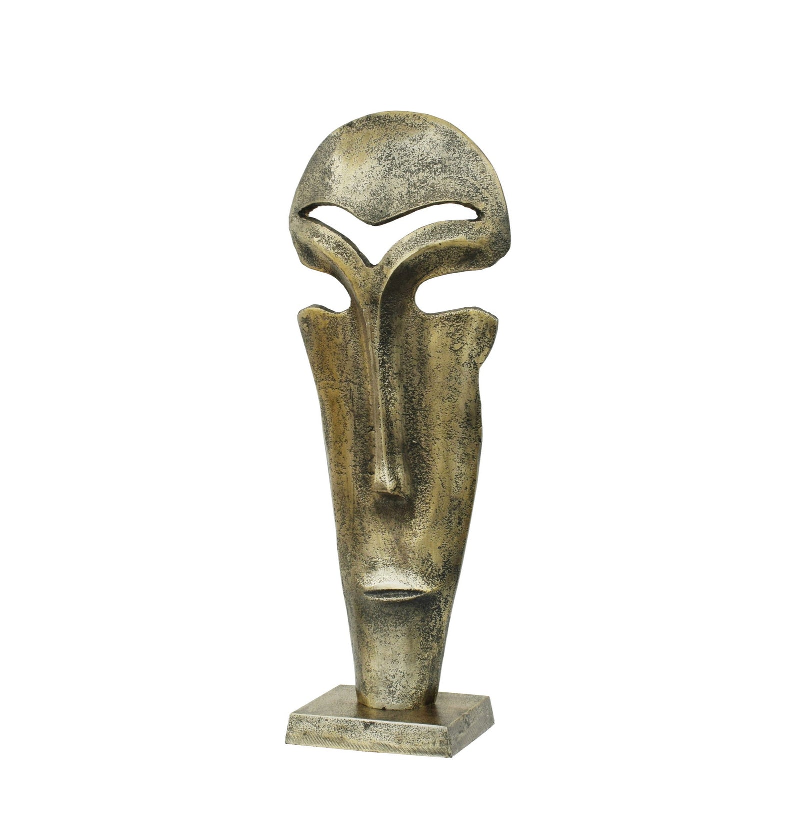 Rustic metal sculpture of a stylized face with a geometric pattern, mounted on a square base.