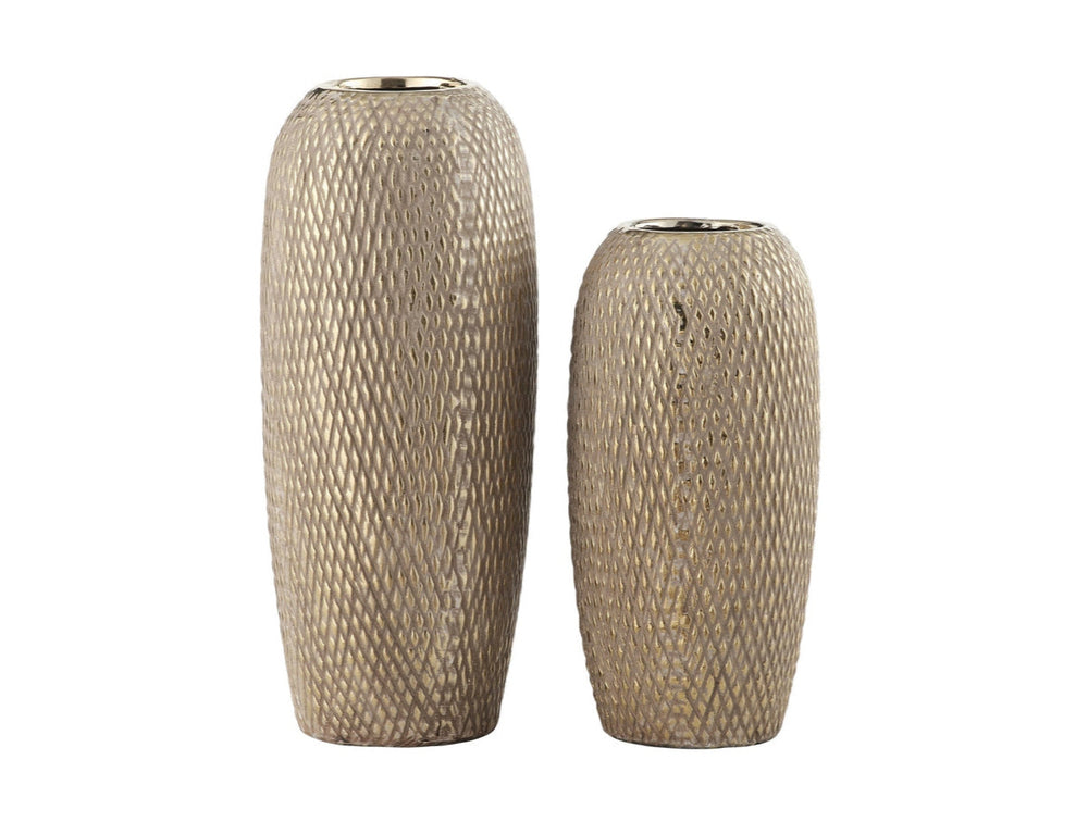 Two cylindrical bronze vases with geometric patterns, one larger than the other.