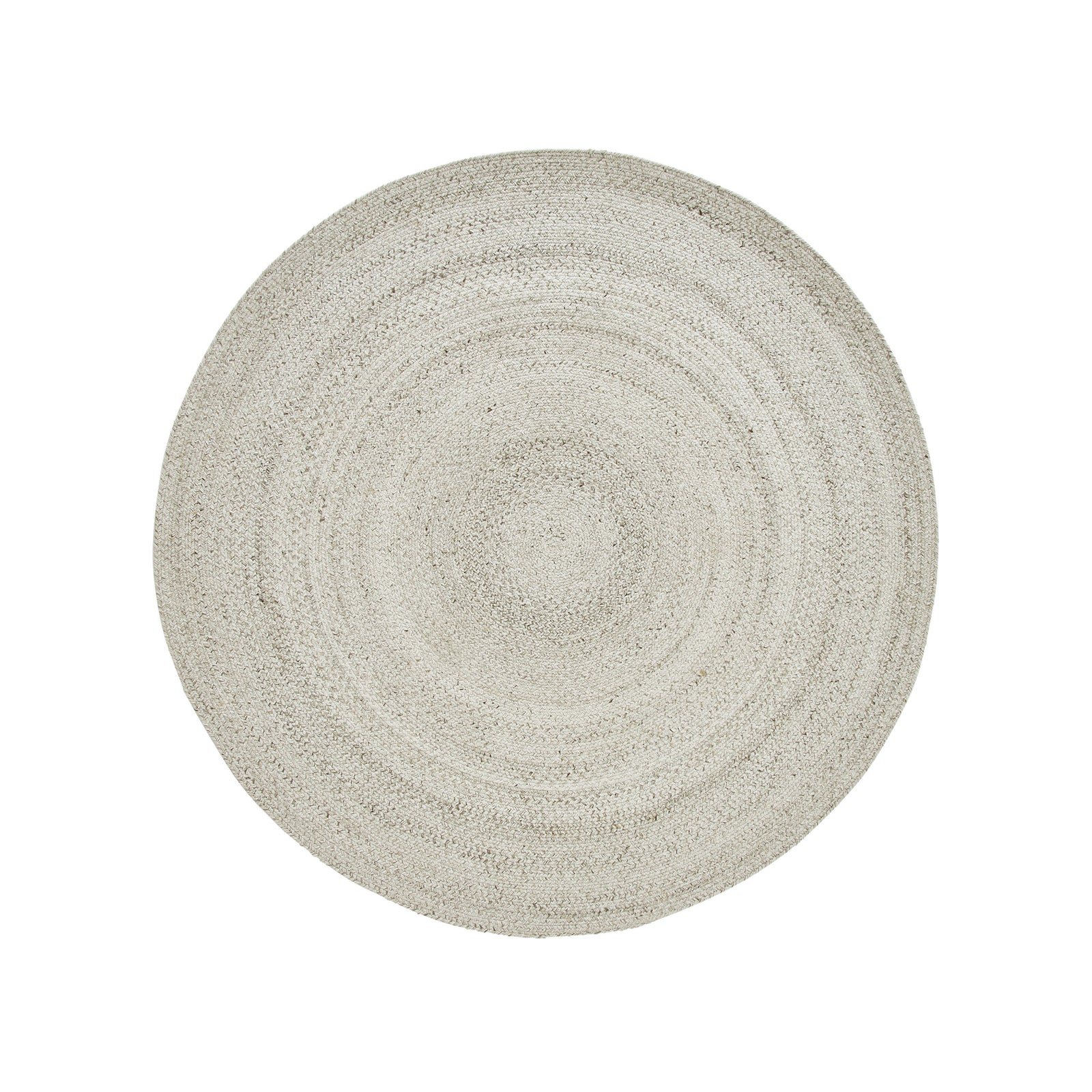 A round, beige area rug with a swirling geometric design