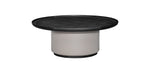 A contemporary round coffee table with a dark oak color finish and accent brass gold base.