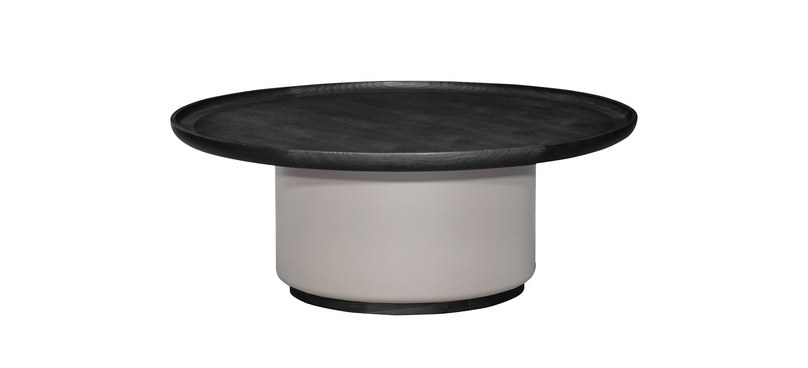 A contemporary round coffee table with a dark oak color finish and accent brass gold base.