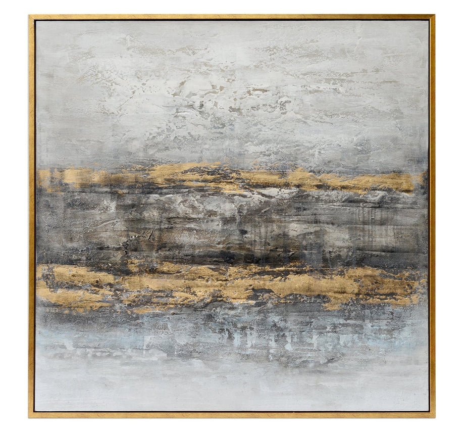 Hand painted abstract wall art/painting featuring warm colors with gold accents on canvas, with a wooden frame.