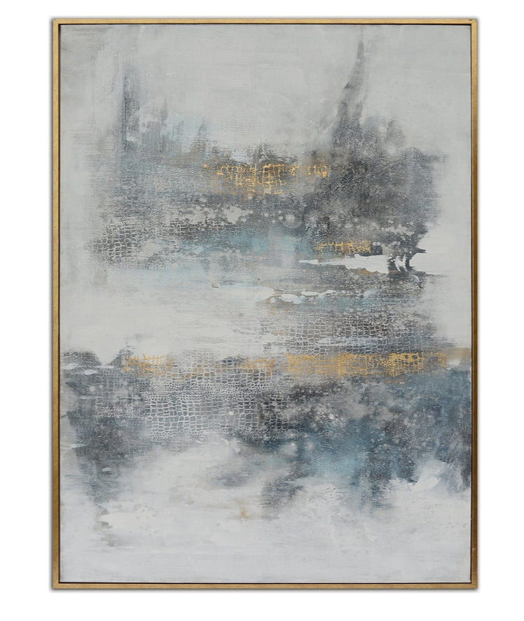 A canvas painting featuring an abstract design with a variety of shades and a tint of gold, enclosed in a frame.