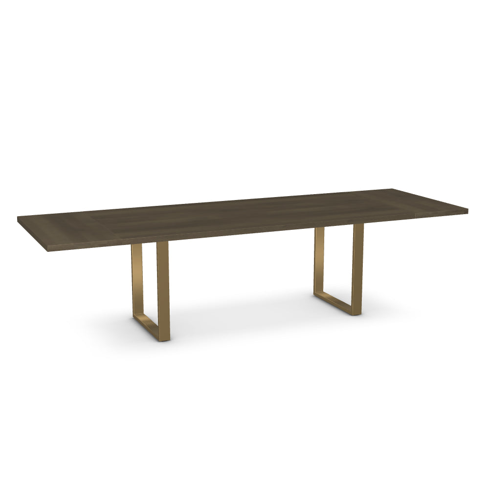 A rectangular dining table with a dark wood top and brass legs, designed to seat 12 people.