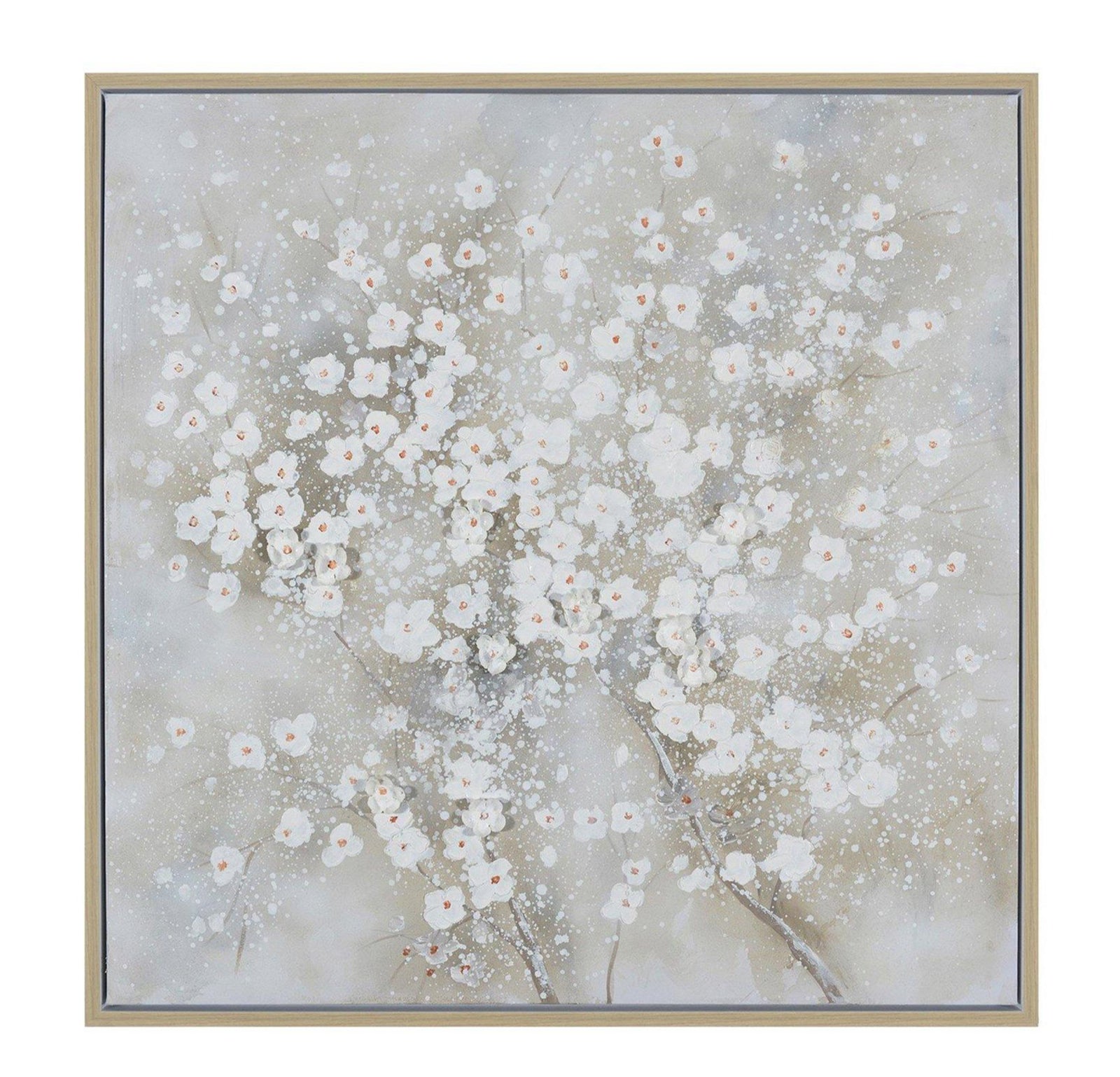 Hand painted floral wall art featuring cherry blossoms in a light color on a canvas, framed in a simple rectangular frame.