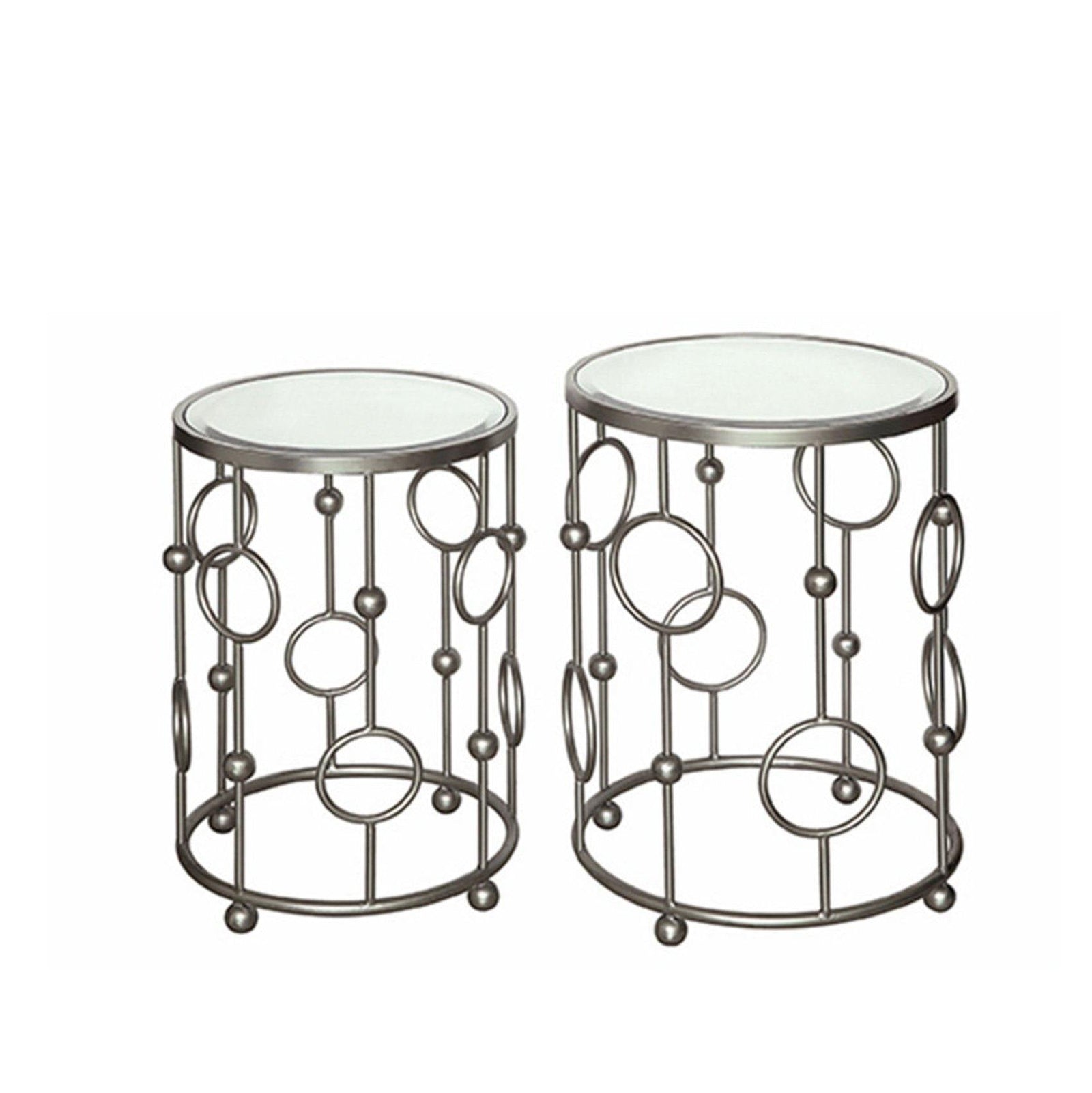 A set of two nesting side tables with metallic silver frames and mirror tabletops, featuring a circular geometric pattern.