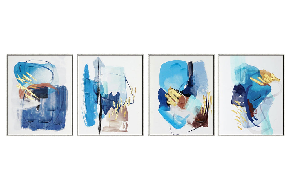 A set of four abstract hand paintings with silver frames, each featuring various shades predominantly in blue, mounted on a white wall.