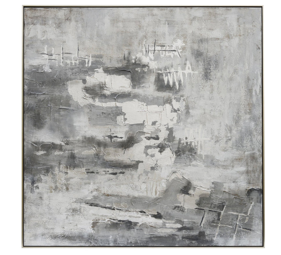 Abstract painting with gray and white tones, with a textured surface, presented on a flat surface.