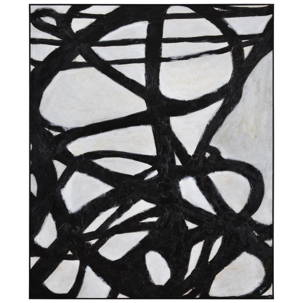 Hand painted black and white abstract design on canvas with a black frame.