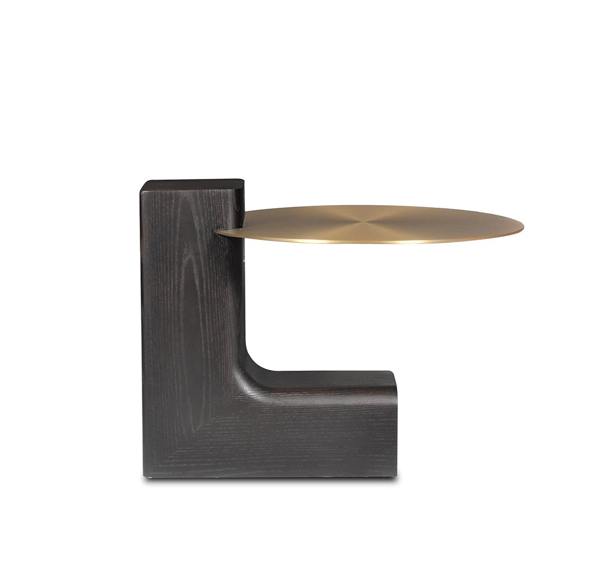 Modern side table with dark wood base and gold metal top on a white background