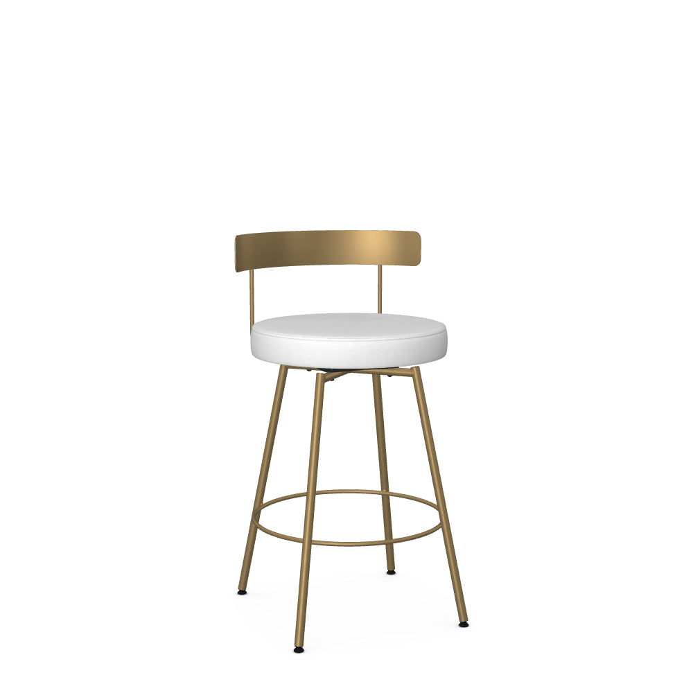 A white swivel counter stool with gold-colored metal legs and a solid backrest.