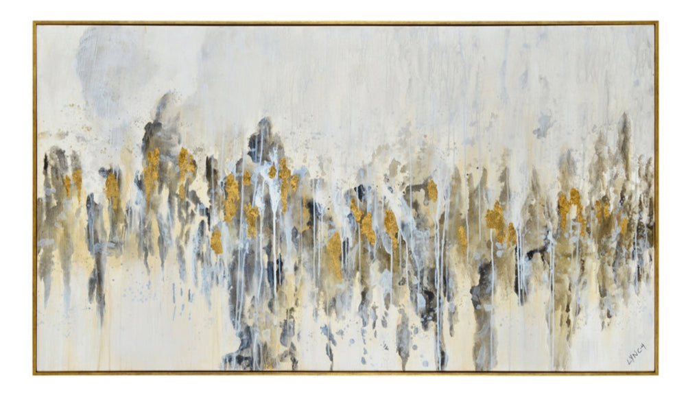 This image features the "Cosima Wall Art/Painting," a canvas that brings a modern abstract aesthetic to any room. The artwork presents a serene and abstract representation, utilizing a palette of grays and golds to create a calming, rustic vibe.
