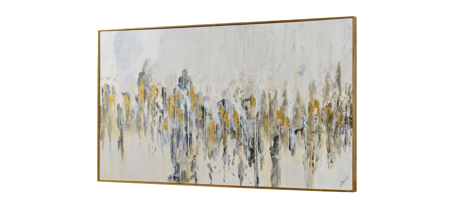 Abstract painting with gold and blue tones on a white background