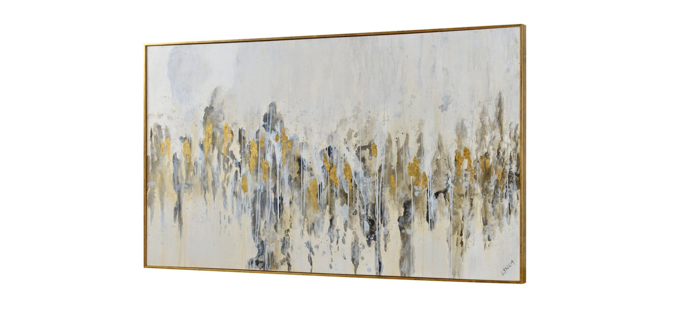 Abstract painting with gold and blue tones on a white background