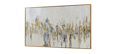 Abstract painting with gold and blue tones on a white background