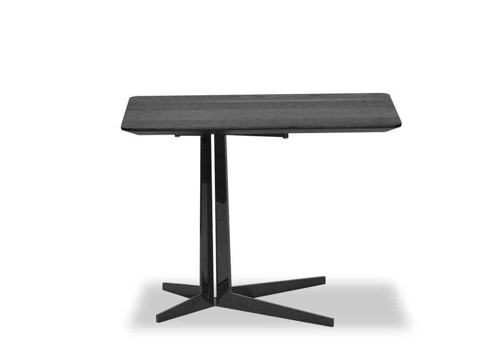 A rectangular side table with a black oak top and a black powder-coated iron base.