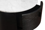 A round end table/night stand with a dark espresso oak base and a white marble top.