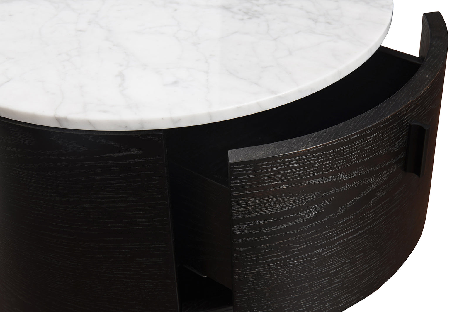 A round end table/night stand with a dark espresso oak base and a white marble top.