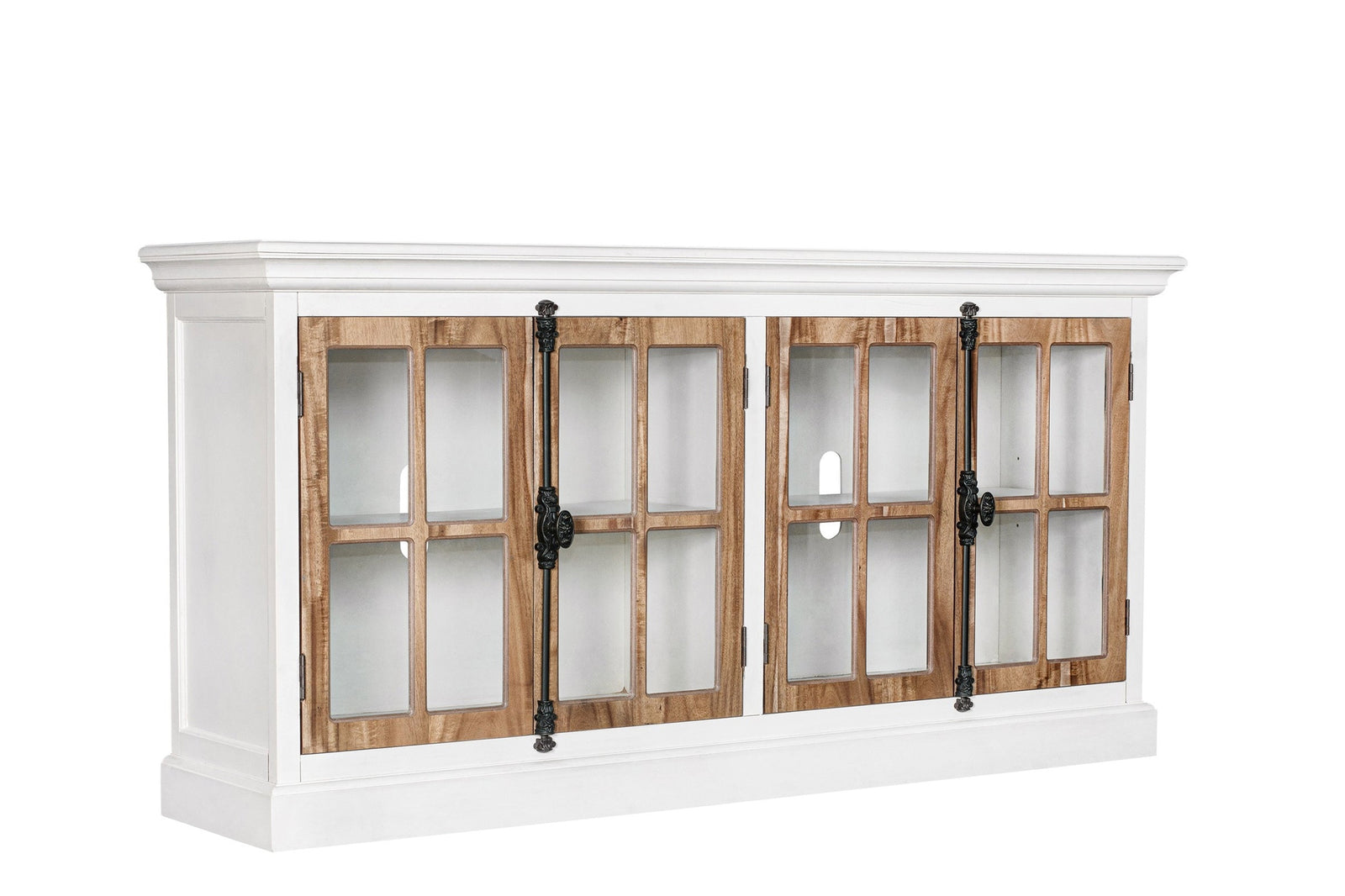 White cabinet with wooden doors on a white background