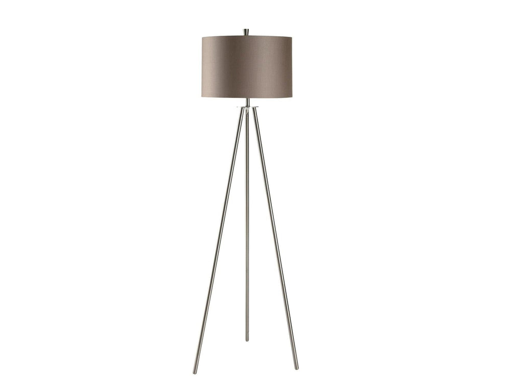 A floor lamp with a tripod base and a cylindrical shade, primarily in a gray or silver color.