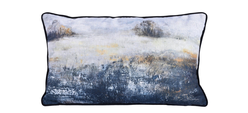 a serene landscape in muted blues, greys, and golden tones rectangular pillow