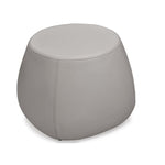 A modern, rounded pouf ottoman in light gray faux leather, shown from a three-quarter angle on a white background.