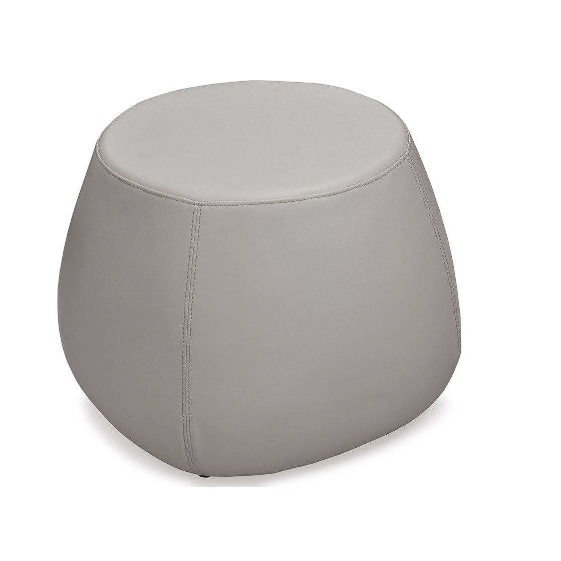 A modern, rounded pouf ottoman in light gray faux leather, shown from a three-quarter angle on a white background.