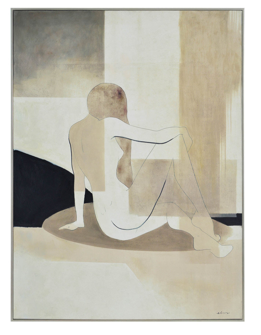 A minimalist canvas painting featuring a seated figure in a neutral beige and white color palette, with a textured frame.