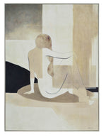 A minimalist canvas painting featuring a seated figure in a neutral beige and white color palette, with a textured frame.