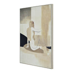 A minimalist canvas painting featuring a seated figure in a neutral beige and white color palette, with a textured frame.
