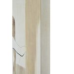 A minimalist canvas painting featuring a seated figure in a neutral beige and white color palette, with a textured frame.