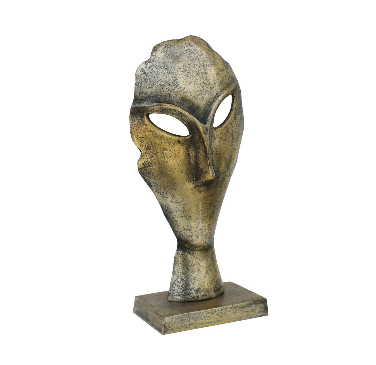 Rustic metal sculpture with a surrealistic touch, displayed on a pedestal.