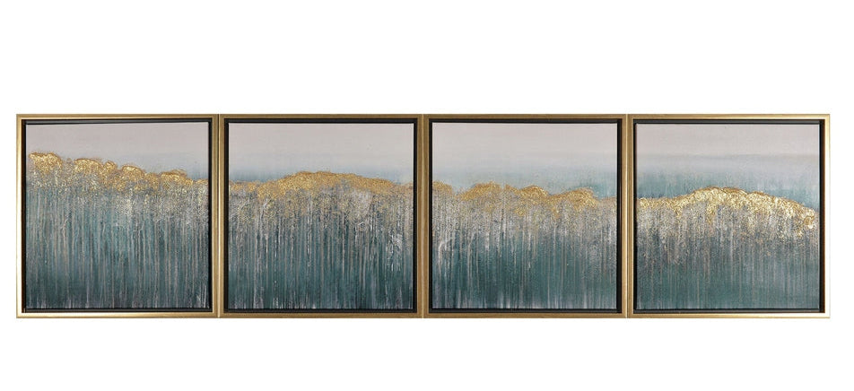 Four framed artworks depicting a landscape with trees and water on a white background