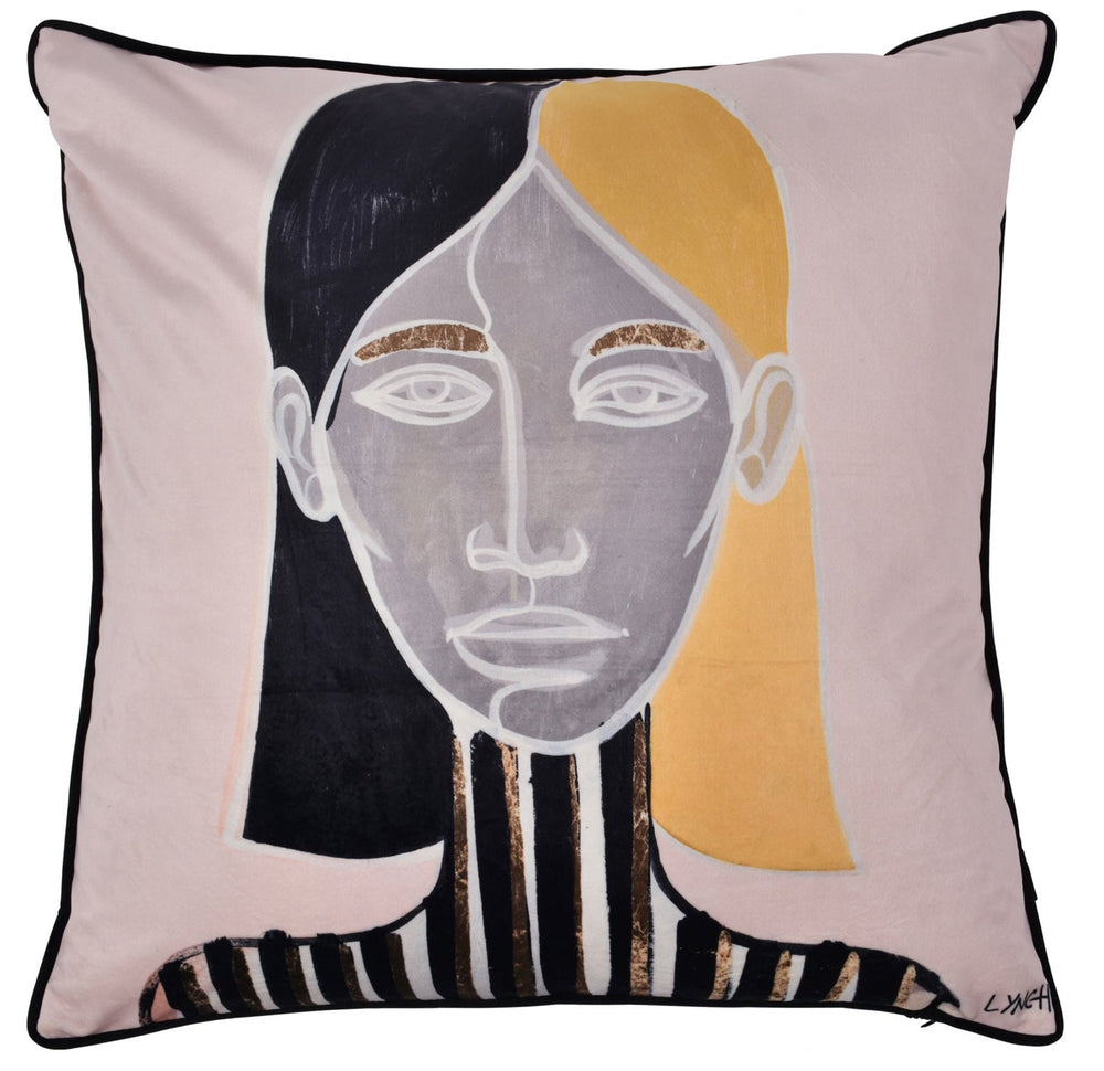 A square-shaped throw pillow with an abstract face design in black, pink, and yellow on a white background.