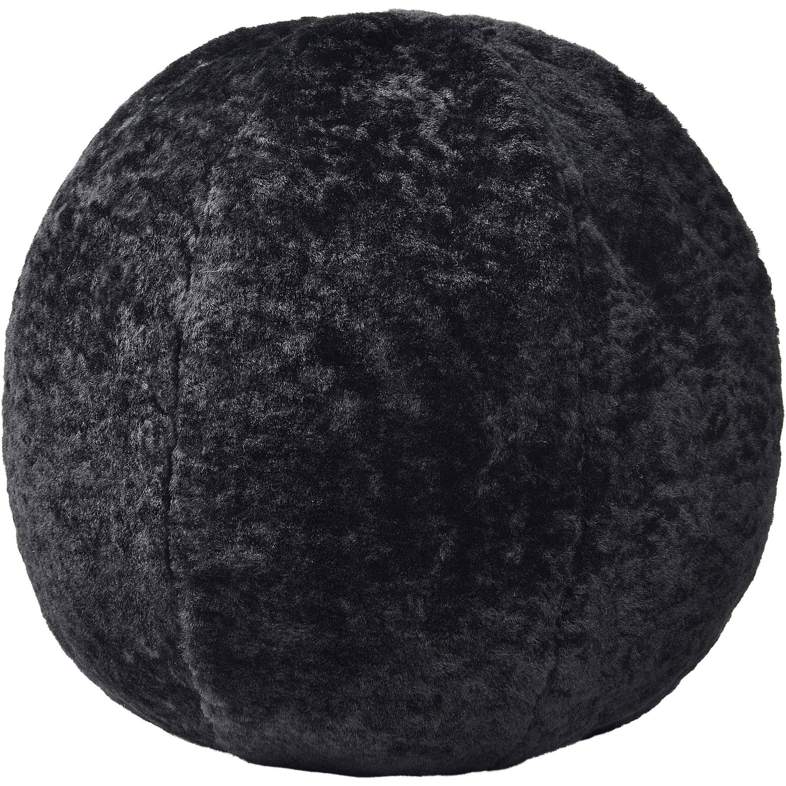 Round accent pillow in solid black color with a soft shearling texture.
