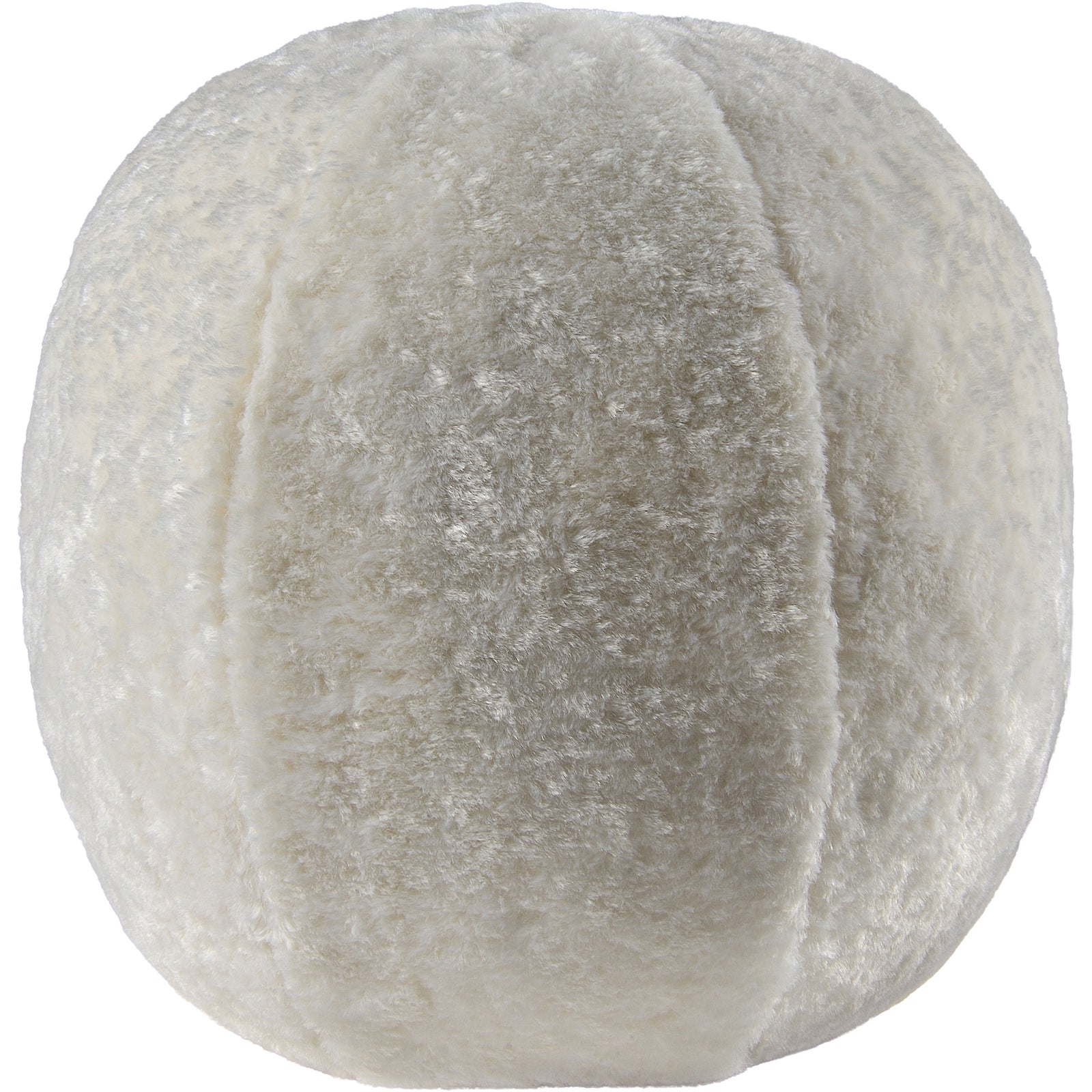 Round accent pillow with a white shearling exterior, solid white color, with a round shape