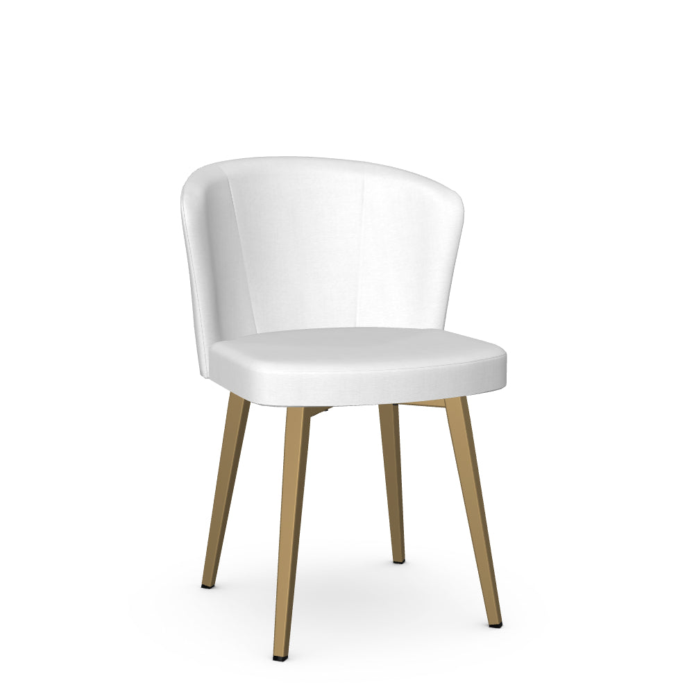 A white dining chair with upholstered backrest and seat, featuring wooden legs.