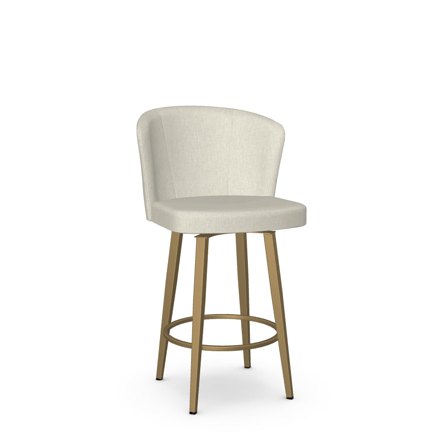 A beige upholstered swivel counter stool with a wooden frame and metal footrest.