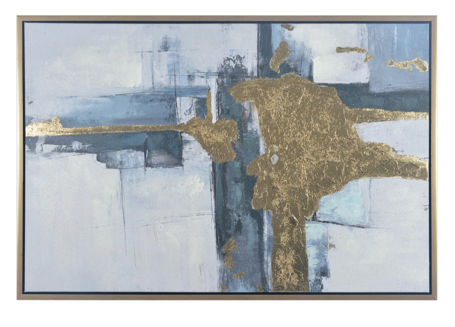 This image displays a captivating gem-inspired wall art, featuring a blend of accent gold and blue hues that seems to suggest a natural, free-form shape. The artwork, characterized by dramatic and expressive oil paint brushstrokes, creates a sense of movement and energy.