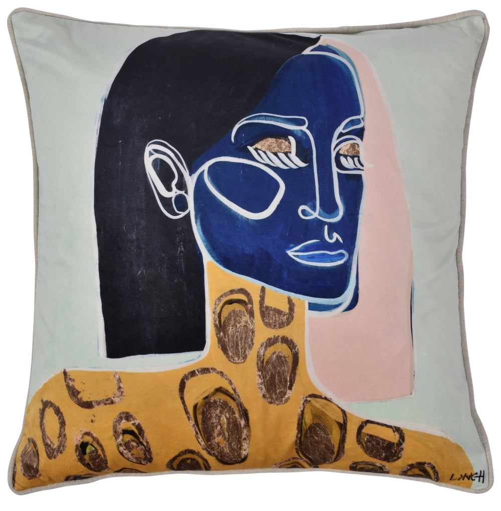A square-shaped throw pillow with an abstract face design in blue, pink, and yellow on a white background.