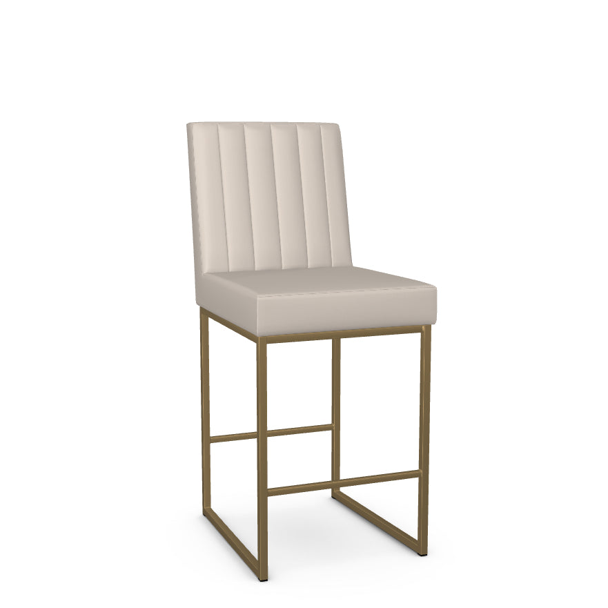 A beige upholstered bar stool with a gold metal frame.