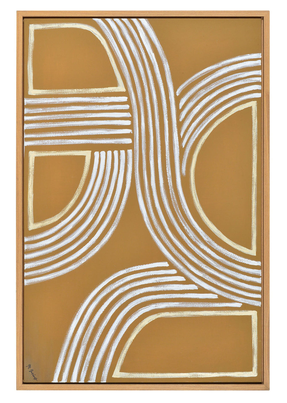 A canvas painting with abstract geometric lines in white and gold colors, framed in a white oak frame.