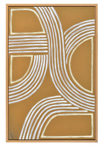 A canvas painting with abstract geometric lines in white and gold colors, framed in a white oak frame.