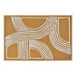 A canvas painting with abstract geometric lines in white and gold colors, framed in a white oak frame.